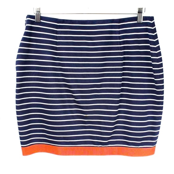ANN TAYLOR Navy & White Striped Fitted Orange Hem Skirt Size 8 - Picture 2 of 4